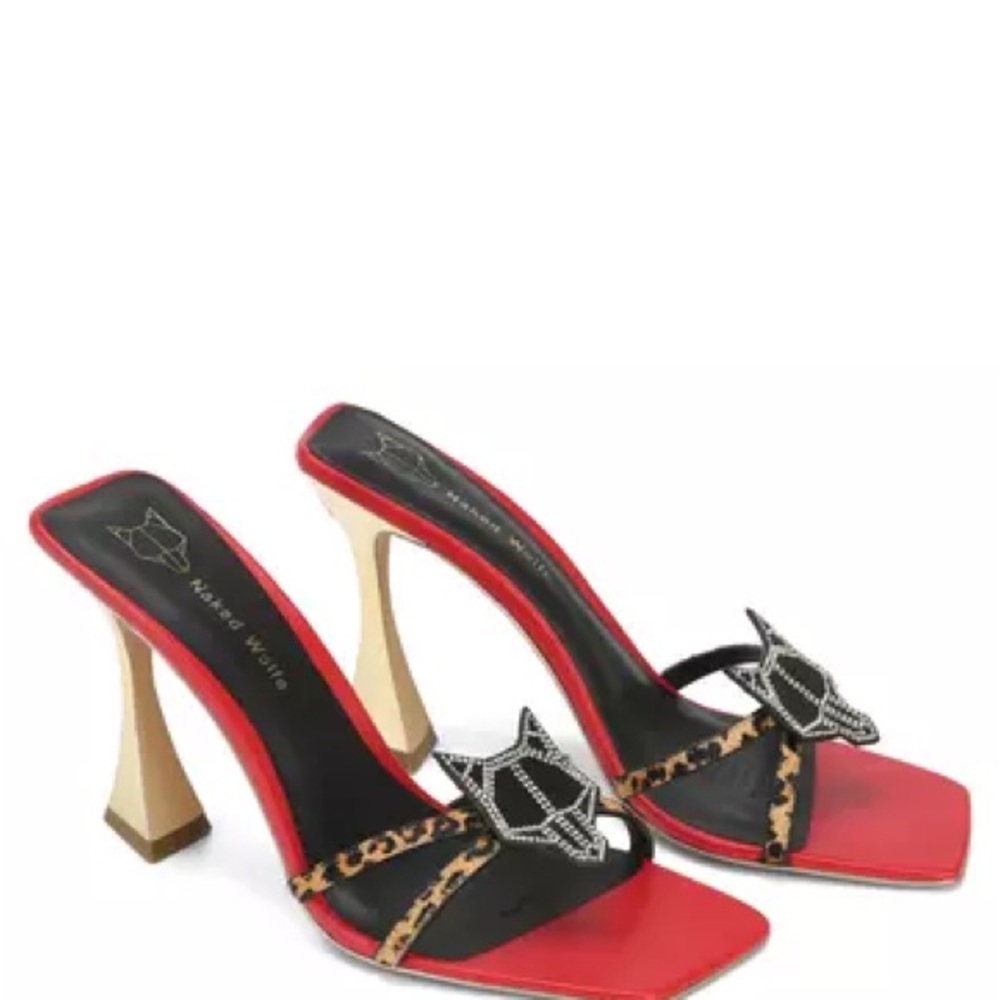 Naked Wolfe NWOT Viper Leopard Red and Black Heels with Sculptural Design